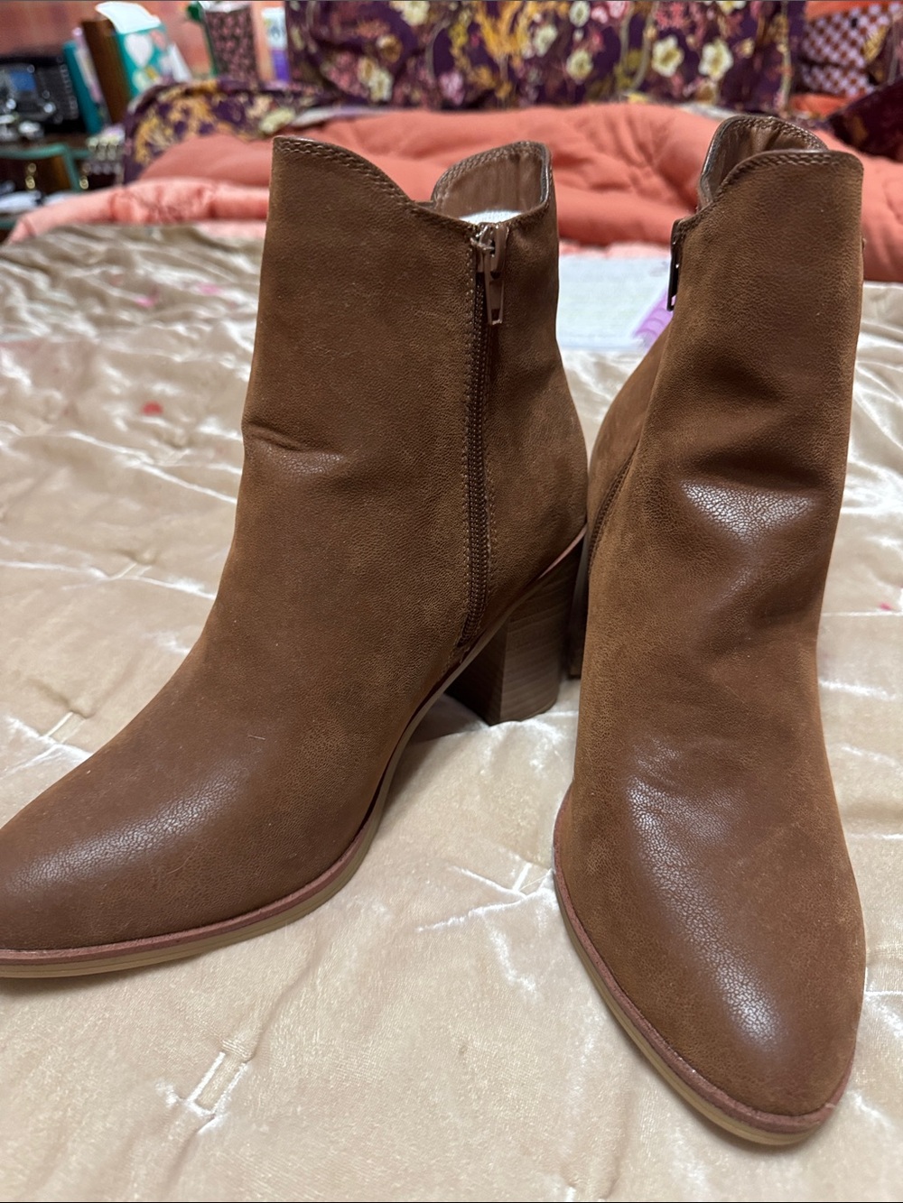 MIA Women's Tan Ankle Booties with Side Zip and Block Heel SIZE 9